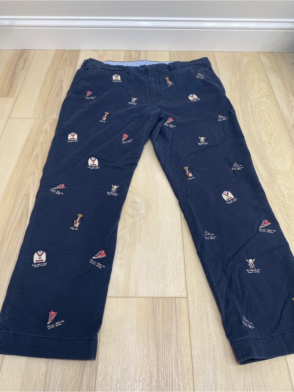 Polo Ralph Lauren Chinos Mens 38x30 Navy Blue Embroidered Polo Bear Straight Fit